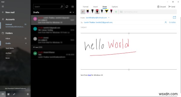 উইন্ডোজ 10 মেল অ্যাপে ড্র বৈশিষ্ট্যটি ব্যবহার করা 