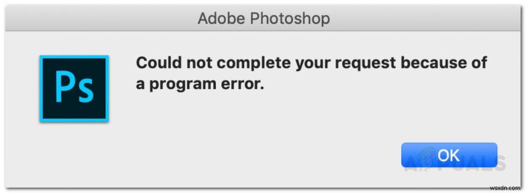 একটি প্রোগ্রাম ত্রুটির কারণে ফটোশপ আপনার অনুরোধটি সম্পূর্ণ করতে পারেনি৷ 