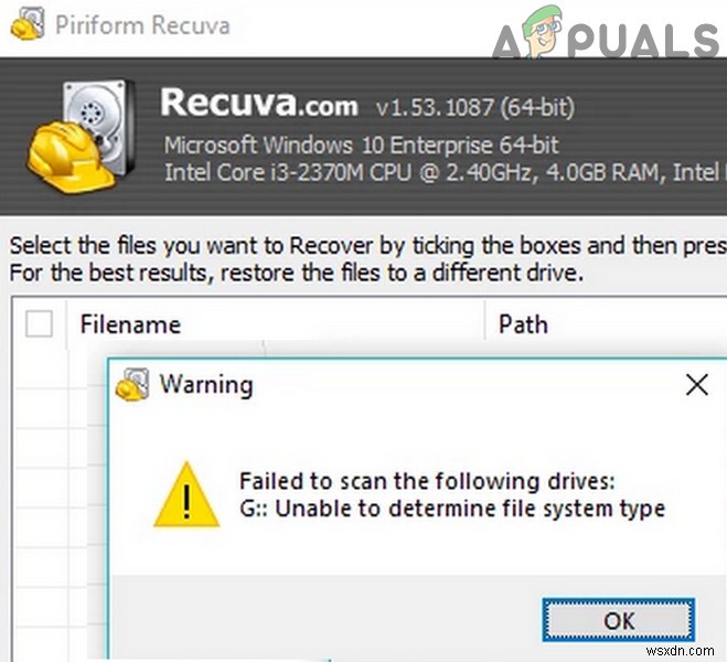 ফাইল সিস্টেমের ধরন নির্ধারণ করতে অক্ষম Recuva সমাধান করুন (ত্রুটি) 