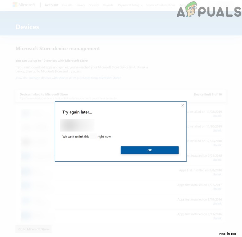 ঠিক করুন:মাইক্রোসফ্ট স্টোর অ্যাকাউন্ট ডিভাইসগুলি লিঙ্কমুক্ত হবে না 