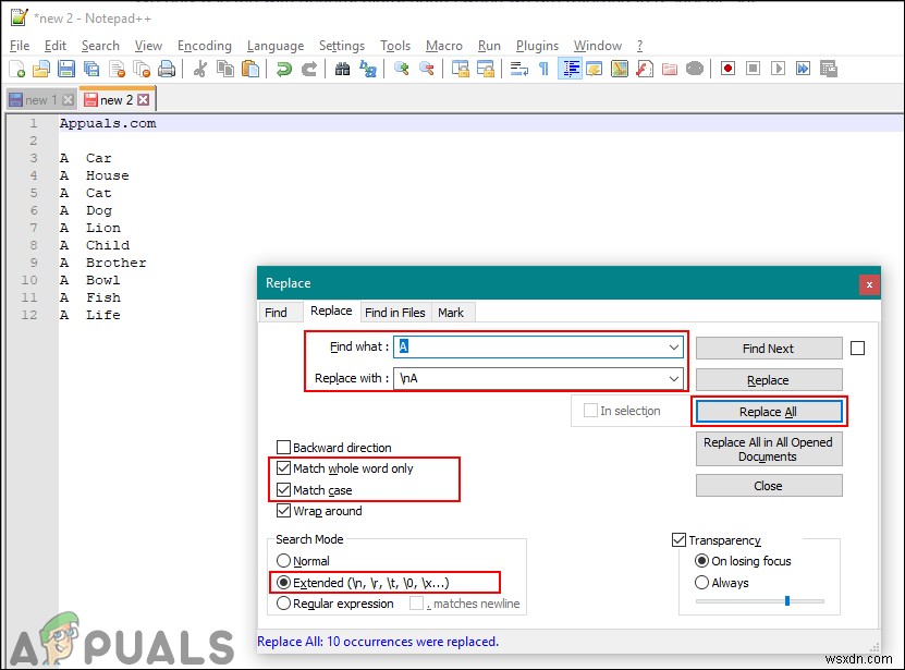 Notepad++ এ একটি নতুন লাইন দিয়ে স্ট্রিং/অক্ষর/চিহ্ন খুঁজুন এবং প্রতিস্থাপন করুন 