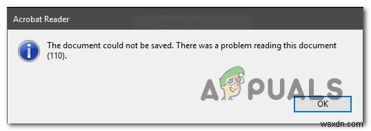 অ্যাডোব রিডার ত্রুটি 110  দস্তাবেজটি সংরক্ষণ করা যায়নি  