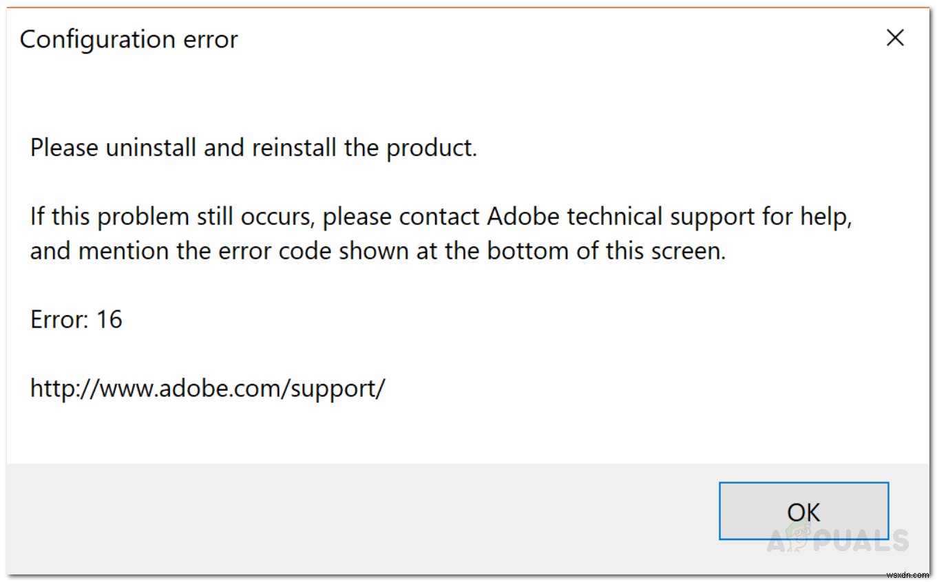 ঠিক করুন:অ্যাডোব কনফিগারেশন ত্রুটি 16  আনইনস্টল এবং পুনরায় ইনস্টল করুন  