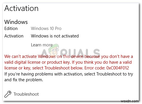 ঠিক করুন:Windows 10 অ্যাক্টিভেশন ত্রুটি 0xc004f012 