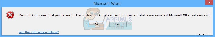 ঠিক করুন:মাইক্রোসফ্ট অফিস এই অ্যাপ্লিকেশনটির জন্য আপনার লাইসেন্স খুঁজে পাচ্ছে না 
