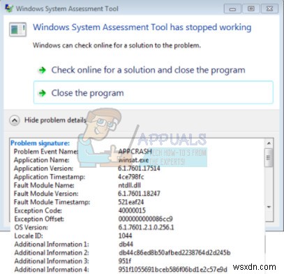 স্থির করুন:উইন্ডোজ সিস্টেম অ্যাসেসমেন্ট  winsat.exe  টুল কাজ করা বন্ধ করে দিয়েছে ত্রুটি