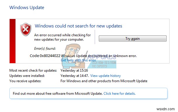 ঠিক করুন:উইন্ডোজ আপডেট ত্রুটি কোড 0x80244022 