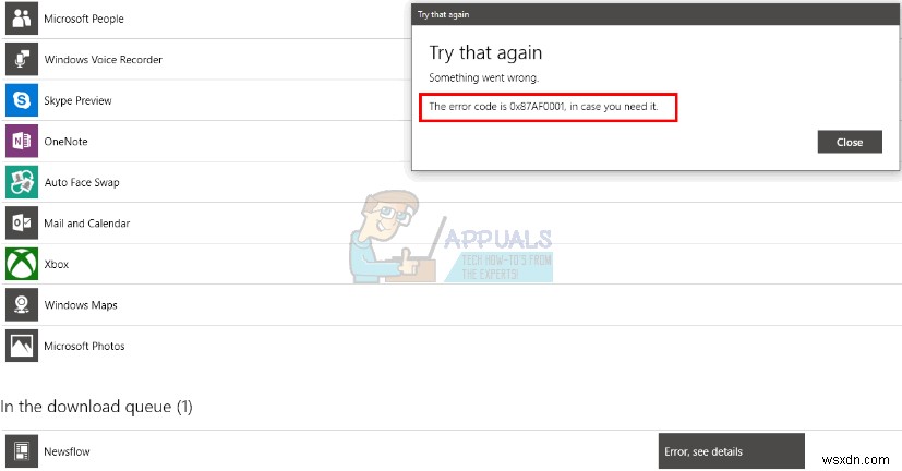 ঠিক করুন:উইন্ডোজ স্টোর অ্যাপ আপডেট ত্রুটি 0x87AF0001 