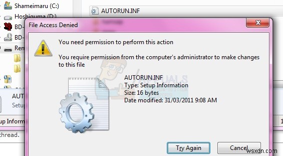 ঠিক করুন:Autorun.inf-এর সাথে অ্যাক্সেস অস্বীকৃত বা অনুমতি সংক্রান্ত সমস্যা 