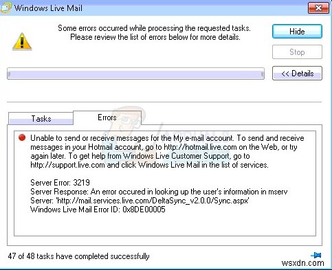 Windows Live Mail Server Error 3219 (0x8DE00005)