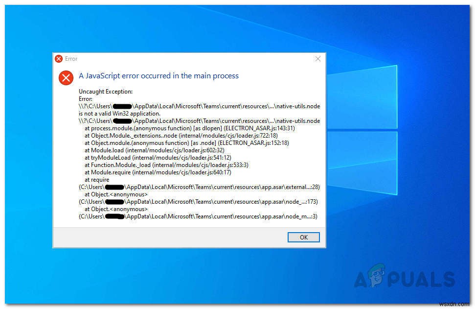 উইন্ডোজ 10 এ মাইক্রোসফ্ট টিমগুলিতে জাভাস্ক্রিপ্ট ব্যতিক্রম ত্রুটি 