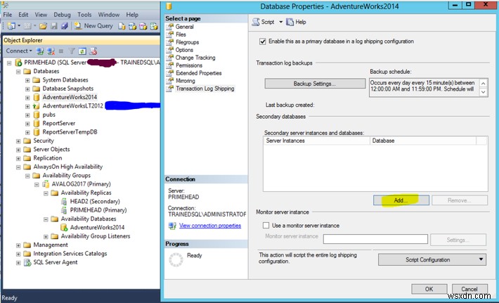 বিদ্যমান AlwaysOn ডাটাবেসে Microsoft SQL সার্ভার লগ শিপিং 