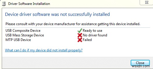 MTP USB ডিভাইস ড্রাইভার ইনস্টলেশন ব্যর্থ হয়েছে ঠিক করুন 