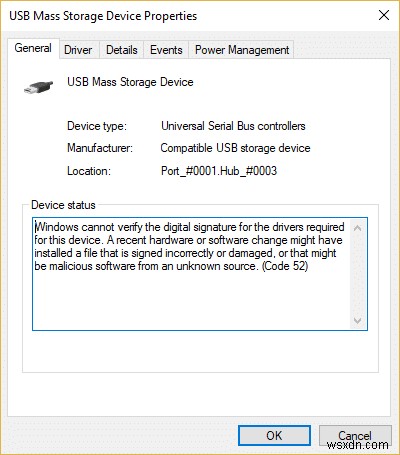 USB Error Code 52 ফিক্স করুন Windows ডিজিটাল স্বাক্ষর যাচাই করতে পারে না 