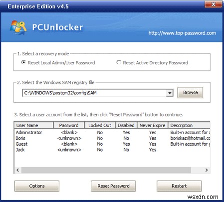 PCUnlocker দিয়ে Windows 10 ভুলে যাওয়া পাসওয়ার্ড পুনরুদ্ধার করুন 