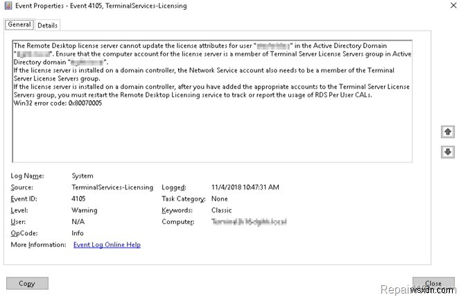 ফিক্স ইভেন্ট আইডি 4105:রিমোট ডেস্কটপ লাইসেন্স সার্ভার অ্যাক্টিভ ডিরেক্টরি ডোমেনের ব্যবহারকারীর জন্য লাইসেন্স বৈশিষ্ট্য আপডেট করতে পারে না।