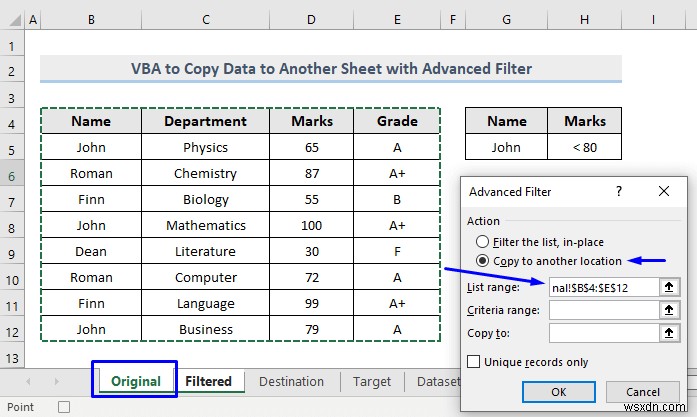 Excel এ উন্নত ফিল্টার সহ অন্য শীটে ডেটা কপি করতে VBA