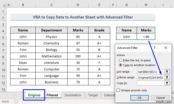 Excel এ উন্নত ফিল্টার সহ অন্য শীটে ডেটা কপি করতে VBA