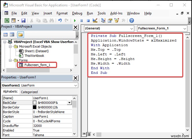 Excel VBA:পূর্ণ স্ক্রিনে ব্যবহারকারীর ফর্ম দেখান (4টি সহজ উপায়)