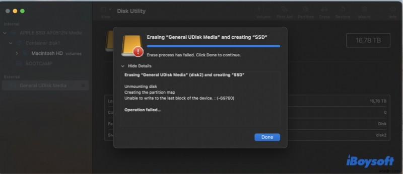 macOS ডিস্ক ইউটিলিটি ত্রুটি 69760 ঠিক করুন: ডিভাইসের শেষ ব্লকে লিখতে অক্ষম